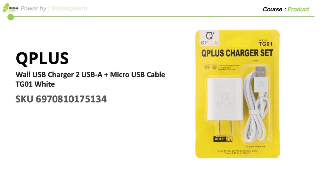 QPLUS Wall USB Charger 2 USB-A + Micro USB Cable TG01 White